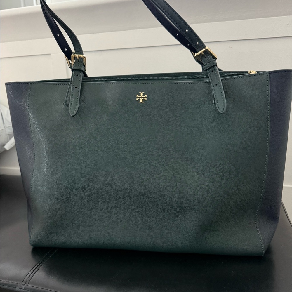 Tory Burch Green and Blue Tote Bag with Gold Emblem